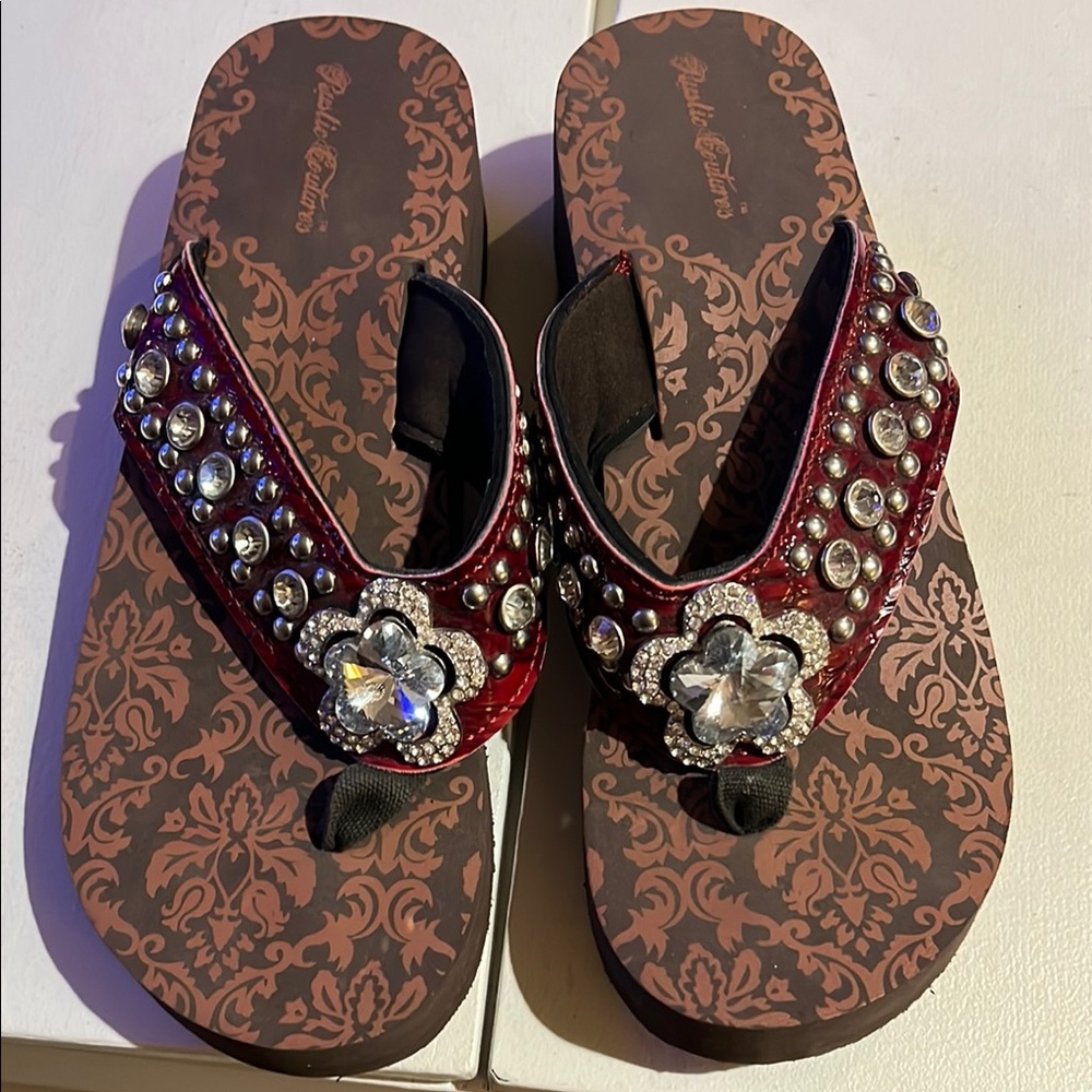 Rustic Cultures studded and embellished Red and Brown flip-flop Sandals 10
